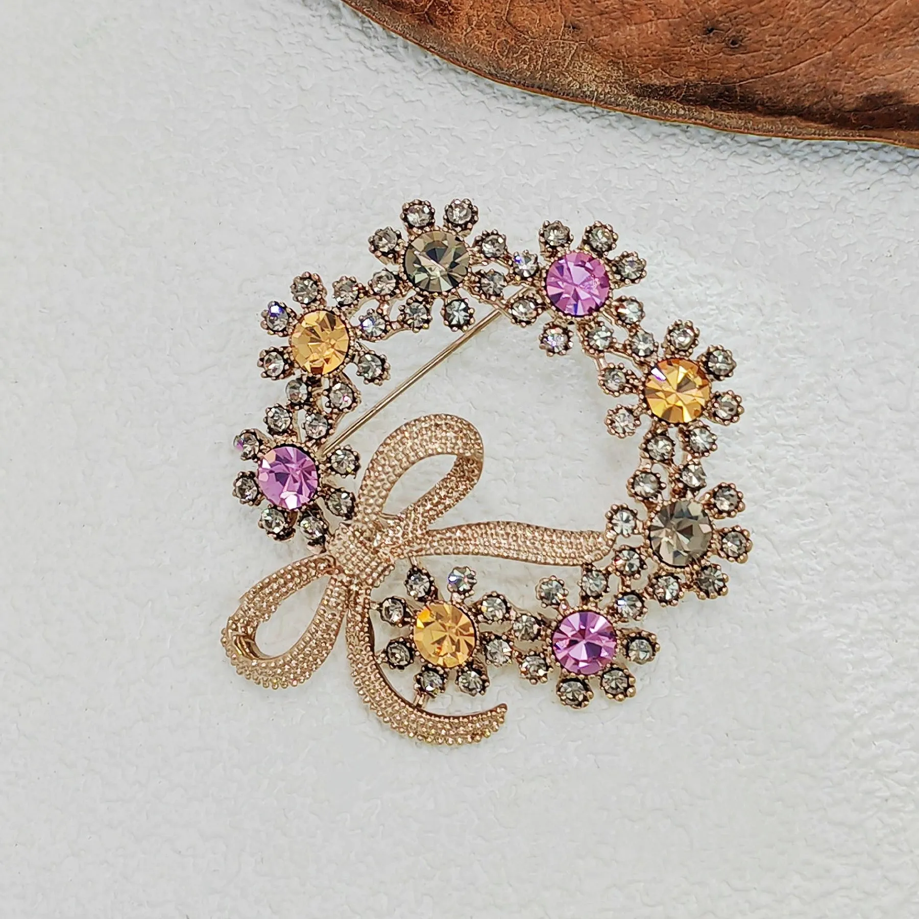 Stunning Colorful Crystal Ribbon Bow & Garland Brooch Bowtie Wreath Pins