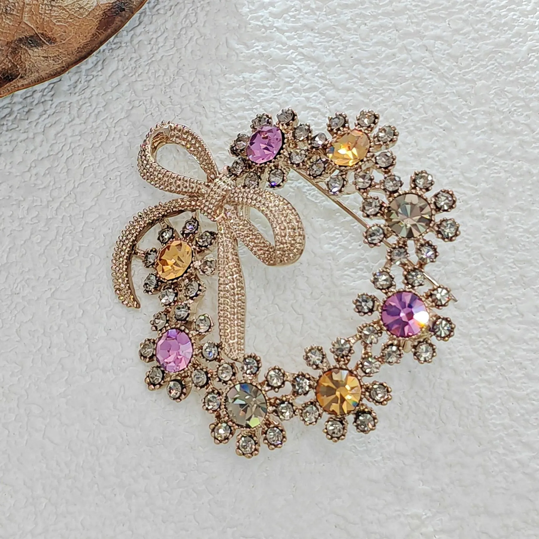 Stunning Colorful Crystal Ribbon Bow & Garland Brooch Bowtie Wreath Pins
