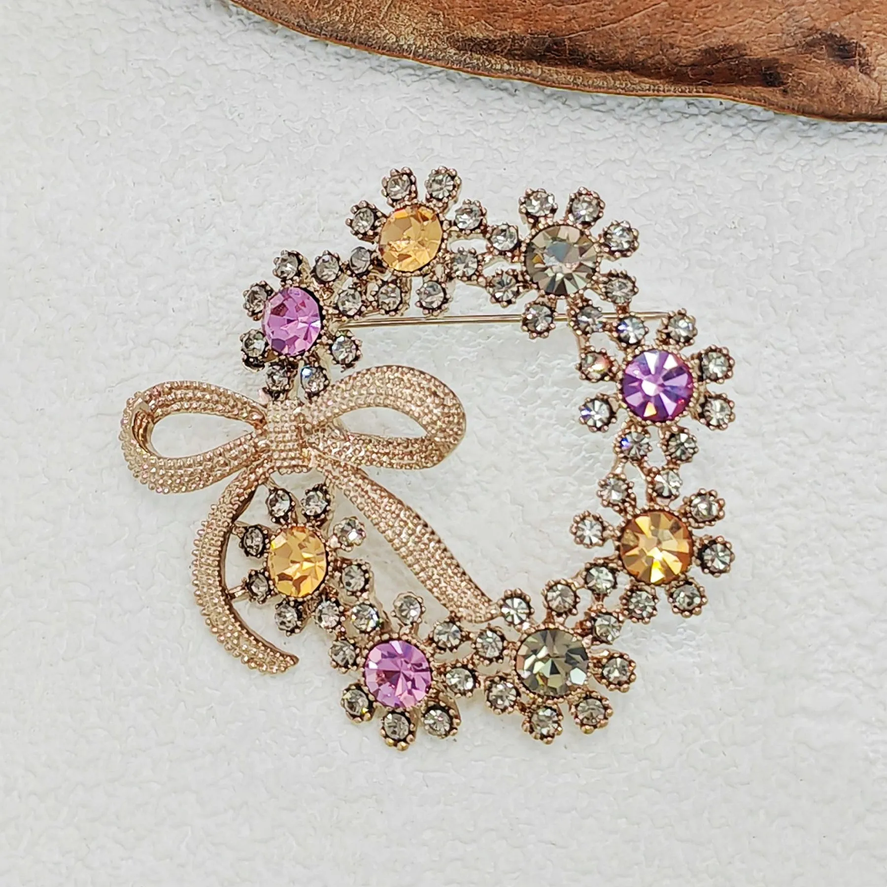 Stunning Colorful Crystal Ribbon Bow & Garland Brooch Bowtie Wreath Pins