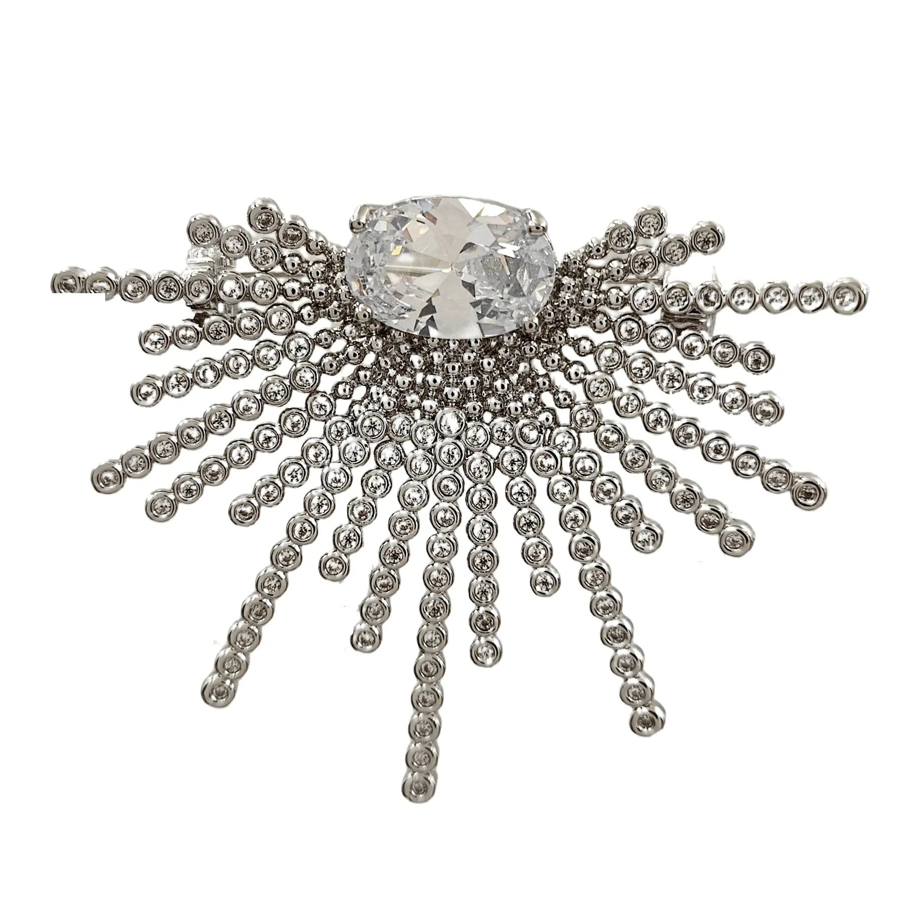 Stunning Splendid Silver Tone Cubic Zircon Sunburst Brooch Pin Daily Wear Jewelry