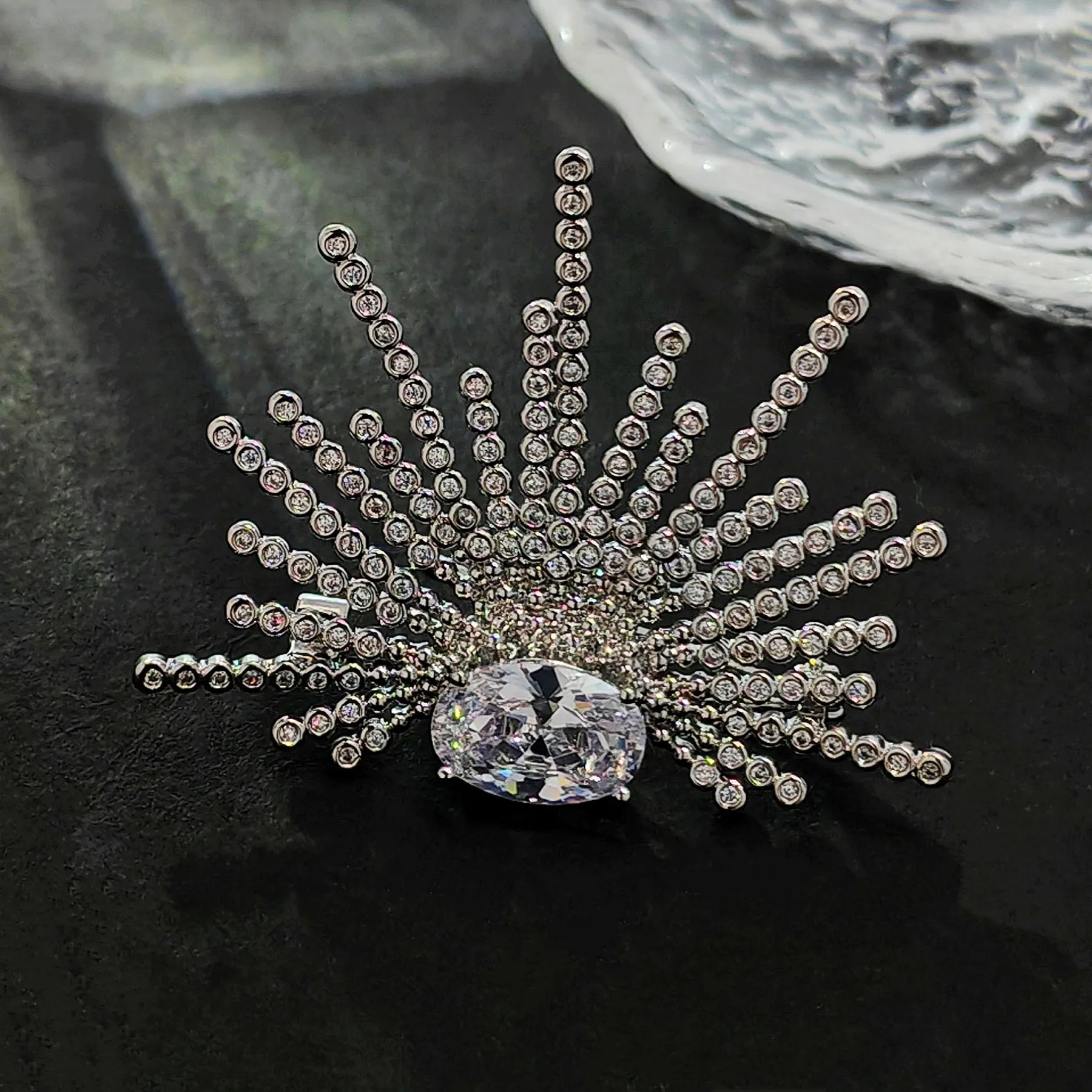 Stunning Splendid Silver Tone Cubic Zircon Sunburst Brooch Pin Daily Wear Jewelry
