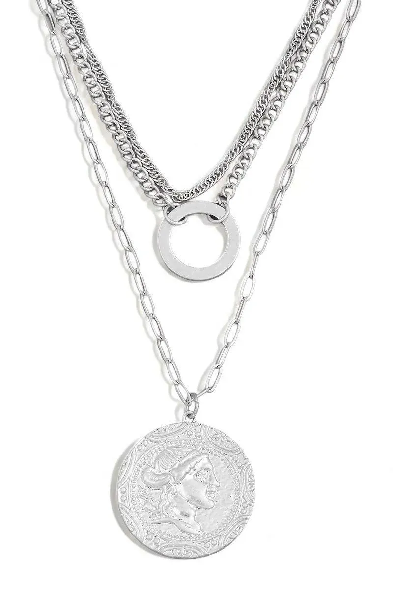 Triple Layer Chain Ancient Coin Pendant Necklace