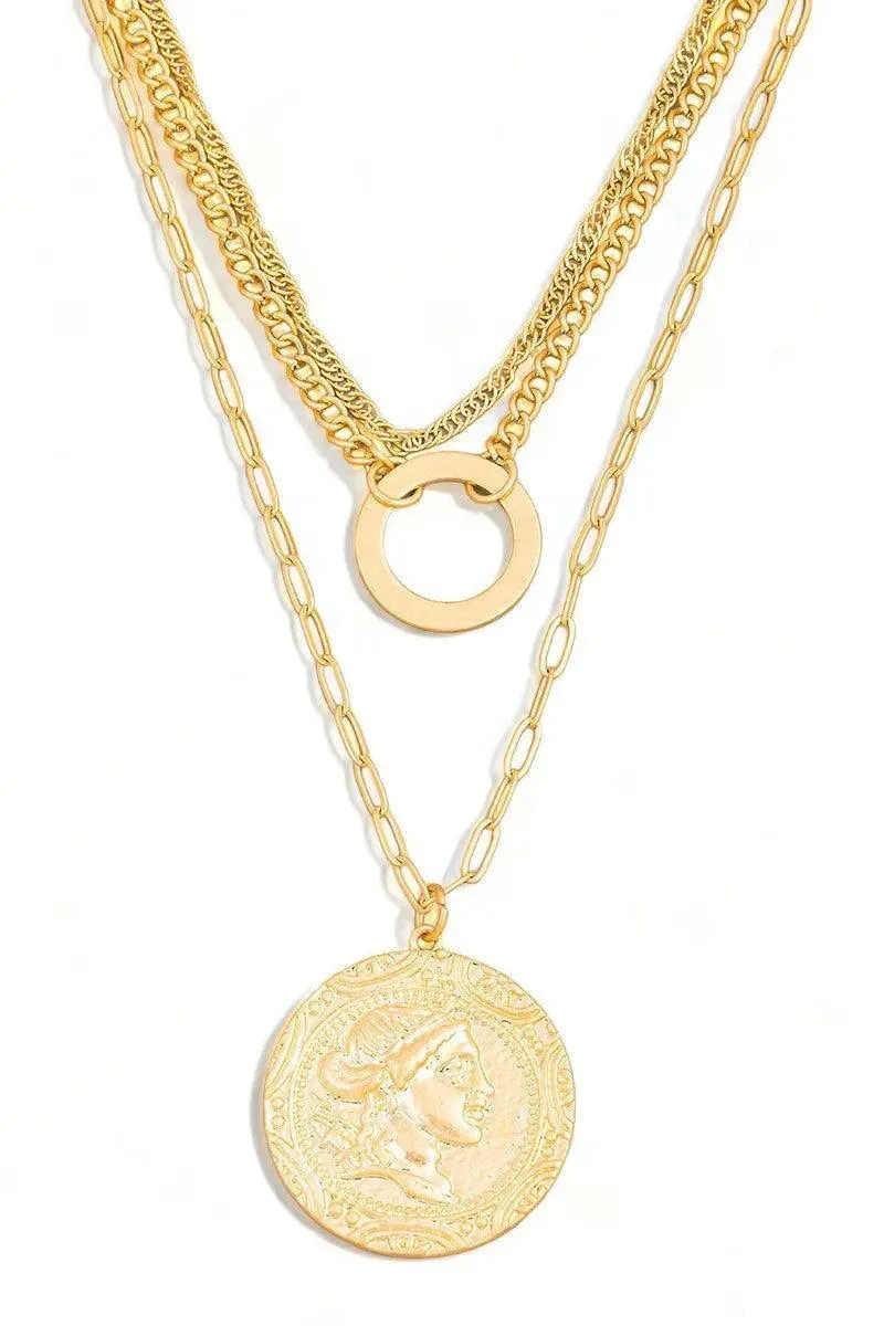 Triple Layer Chain Ancient Coin Pendant Necklace
