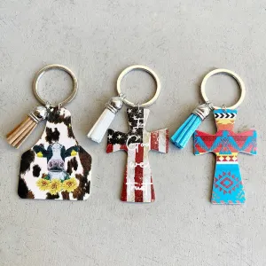 Wholesale Denim Cross Leather Wood Iron Tassel Keychain MOQ≥2 JDC-KC-HeYi007