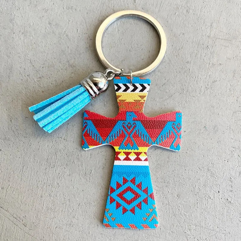 Wholesale Denim Cross Leather Wood Iron Tassel Keychain MOQ≥2 JDC-KC-HeYi007