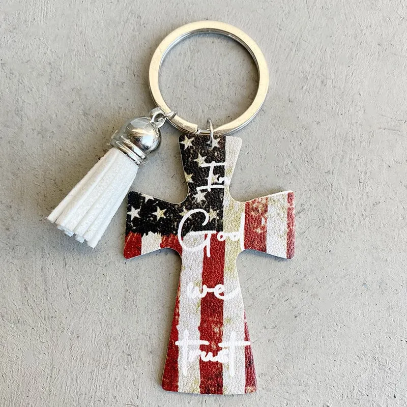Wholesale Denim Cross Leather Wood Iron Tassel Keychain MOQ≥2 JDC-KC-HeYi007