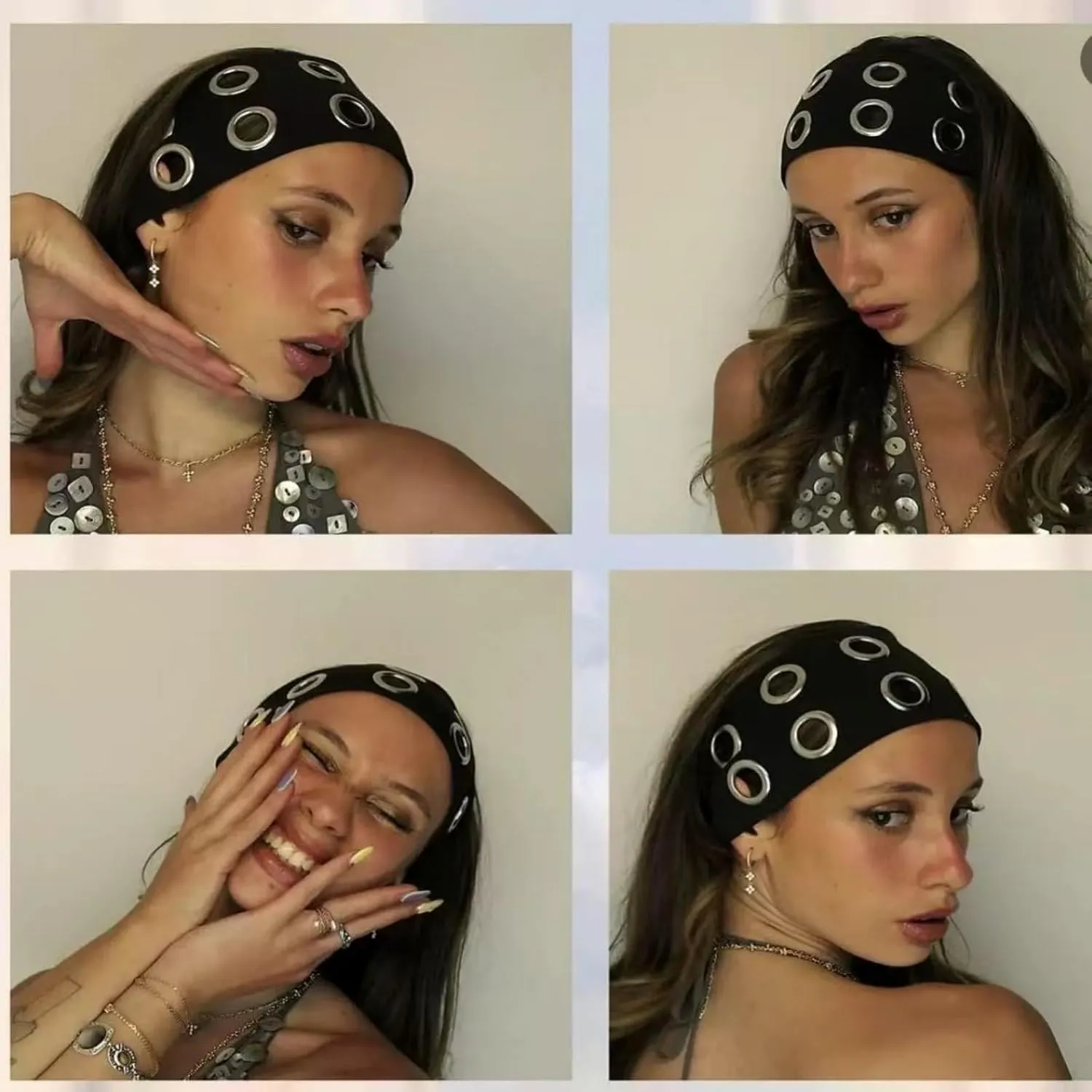 Women Hollow Out Eyelets Elastic Headband, y2k girls punk grunge wide hairbandswomen hair accessories knitted rivet headbands black eyelets elastic headband (black)