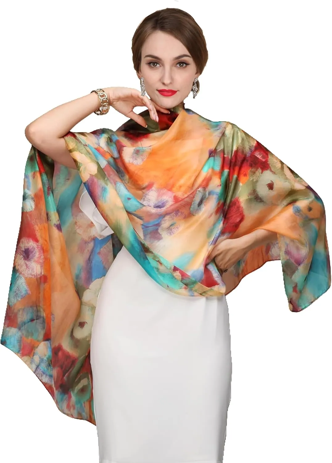 Women's 100% Mulberry Silk Long Scarf-Floral Print Lightweight Scarves-Oblong Summer Travel Sunscreen Shawl 69" x 43"