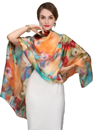 Women's 100% Mulberry Silk Long Scarf-Floral Print Lightweight Scarves-Oblong Summer Travel Sunscreen Shawl 69" x 43"