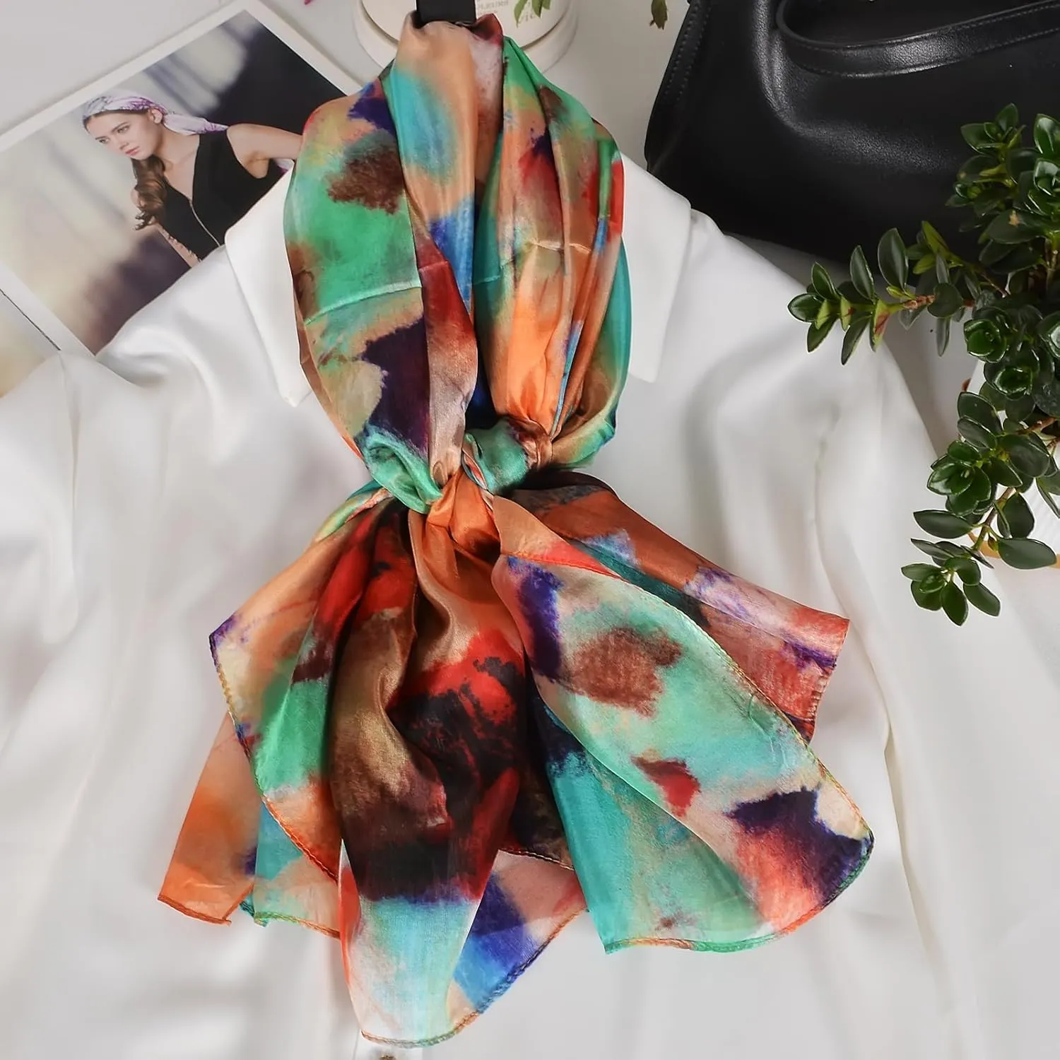 Women's 100% Mulberry Silk Long Scarf-Floral Print Lightweight Scarves-Oblong Summer Travel Sunscreen Shawl 69" x 43"