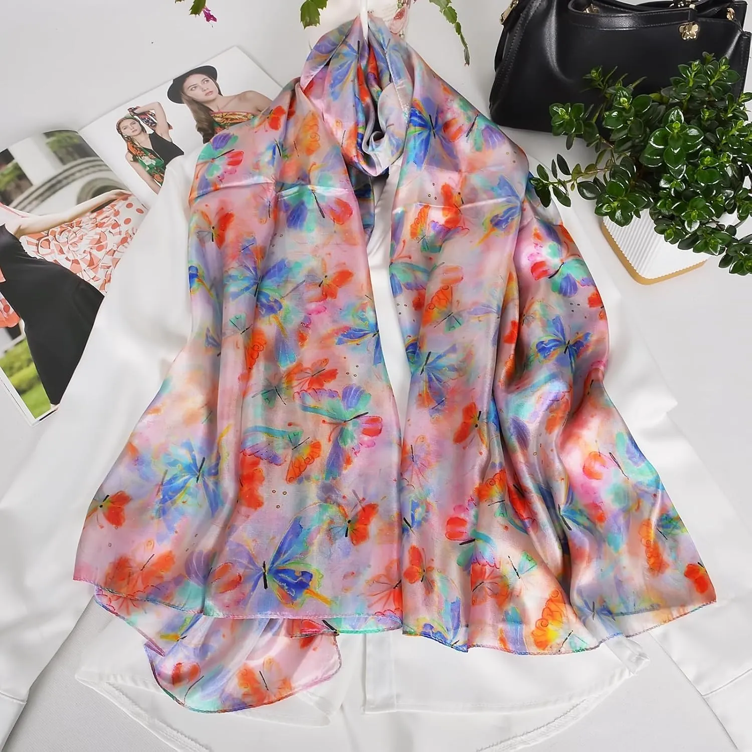 Women's 100% Mulberry Silk Long Scarf-Floral Print Lightweight Scarves-Oblong Summer Travel Sunscreen Shawl 69" x 43"