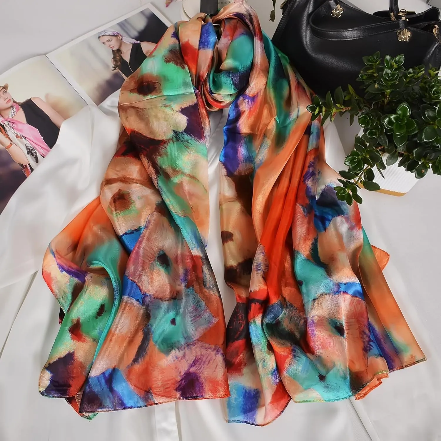 Women's 100% Mulberry Silk Long Scarf-Floral Print Lightweight Scarves-Oblong Summer Travel Sunscreen Shawl 69" x 43"