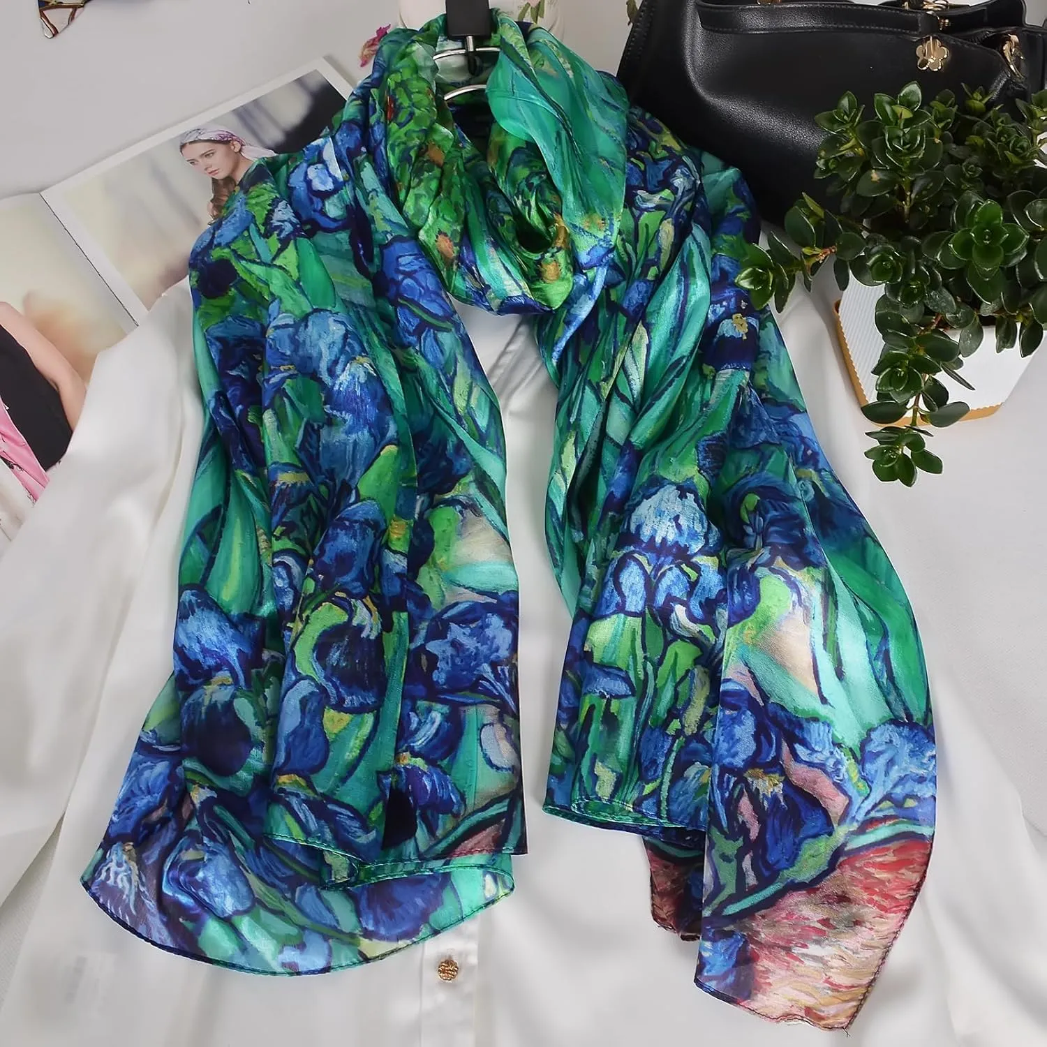 Women's 100% Mulberry Silk Long Scarf-Floral Print Lightweight Scarves-Oblong Summer Travel Sunscreen Shawl 69" x 43"