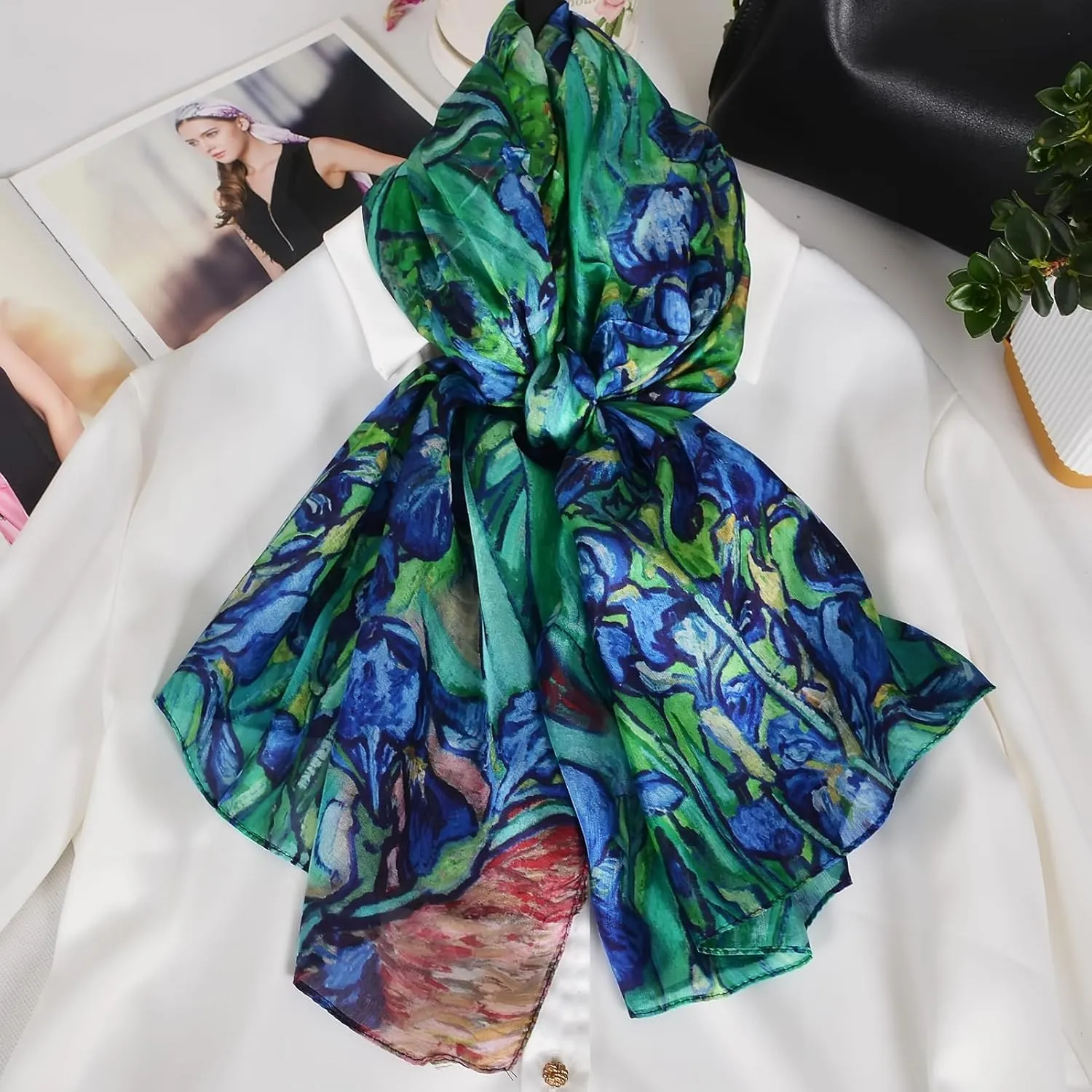 Women's 100% Mulberry Silk Long Scarf-Floral Print Lightweight Scarves-Oblong Summer Travel Sunscreen Shawl 69" x 43"