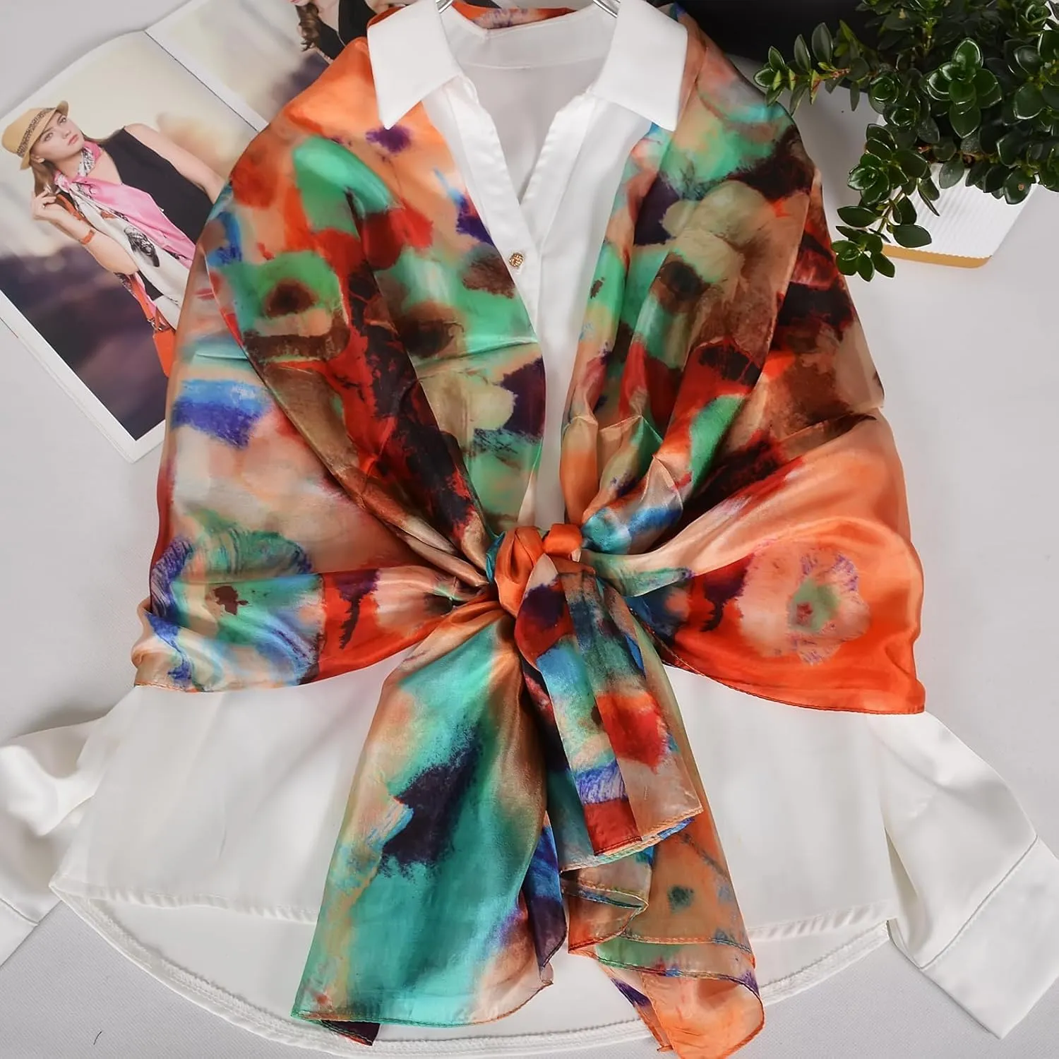 Women's 100% Mulberry Silk Long Scarf-Floral Print Lightweight Scarves-Oblong Summer Travel Sunscreen Shawl 69" x 43"