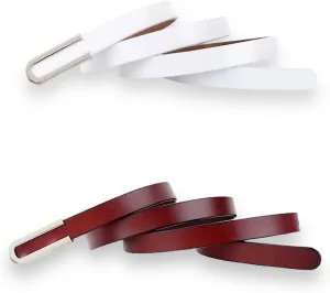 Women's Belt Fashion Skinny Slim Soft Genuine Leather Belts Waistband Thin Waist Belt Silver Chrome Color Alloy Buckle