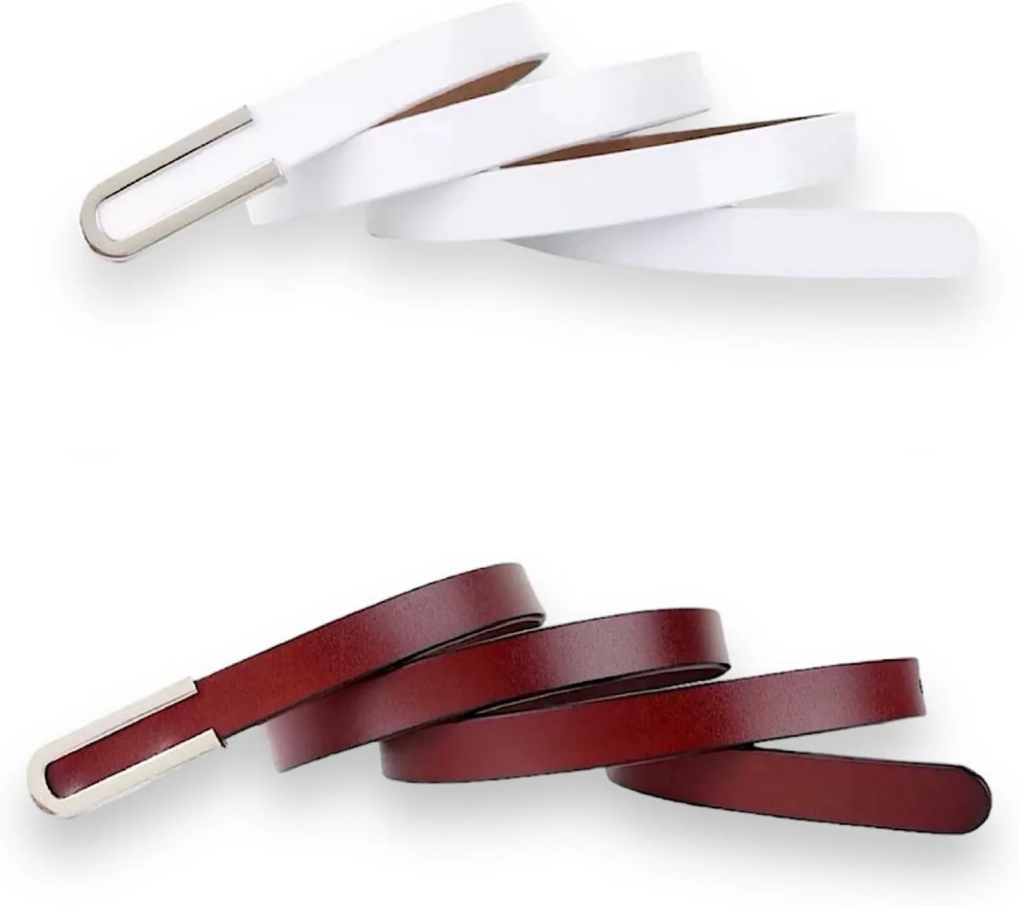 Women's Belt Fashion Skinny Slim Soft Genuine Leather Belts Waistband Thin Waist Belt Silver Chrome Color Alloy Buckle