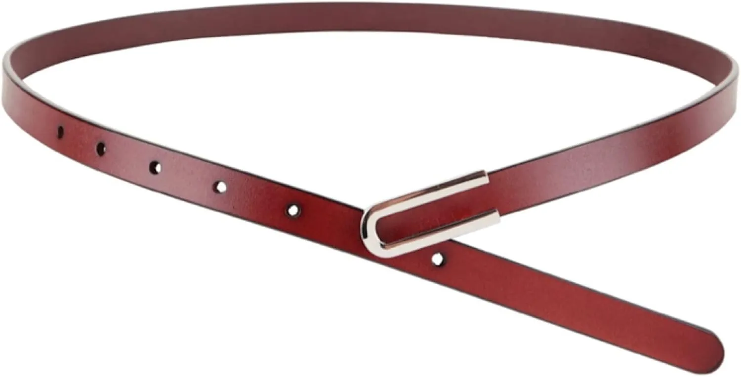 Women's Belt Fashion Skinny Slim Soft Genuine Leather Belts Waistband Thin Waist Belt Silver Chrome Color Alloy Buckle