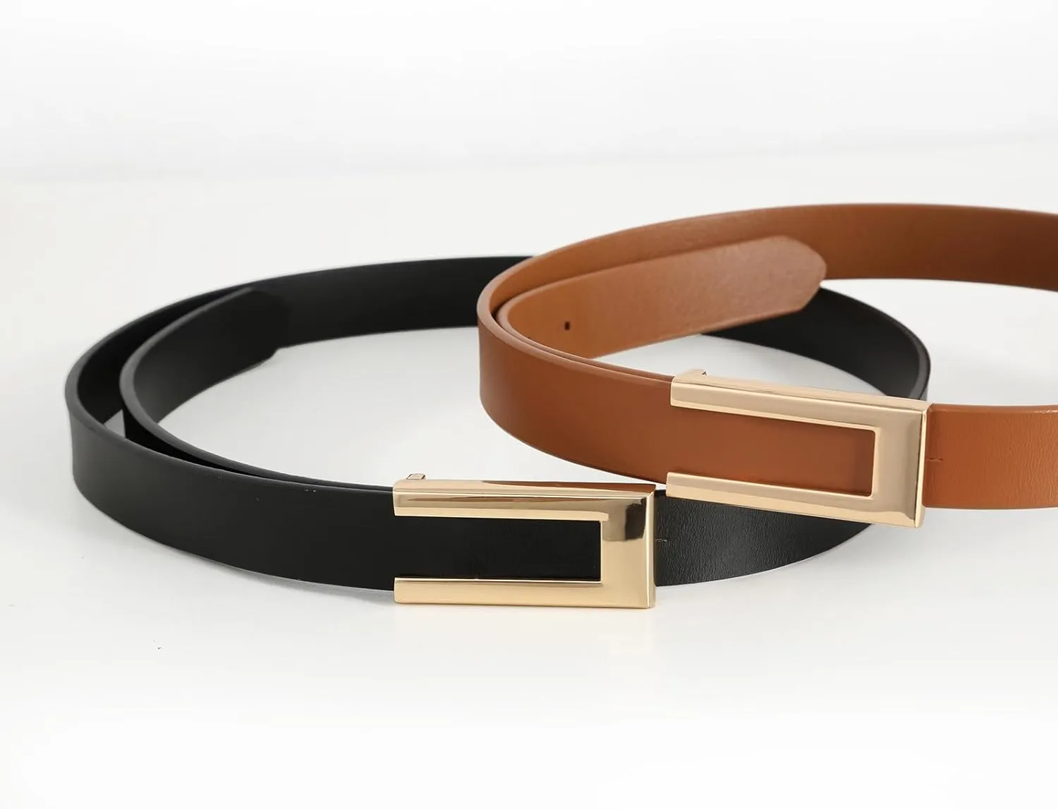 Womens Leather Belt Skinny Waist Belt for Dresses Jeans Pants with Gold Buckle