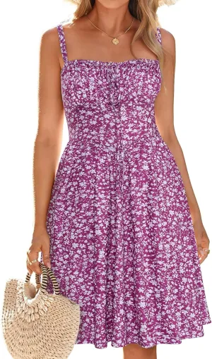 Womens Summer Mini Corset Casual Dresses Spaghetti Straps Lace Up Beach Vacation Sundress with Pockets