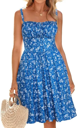 Womens Summer Mini Corset Casual Dresses Spaghetti Straps Lace Up Beach Vacation Sundress with Pockets
