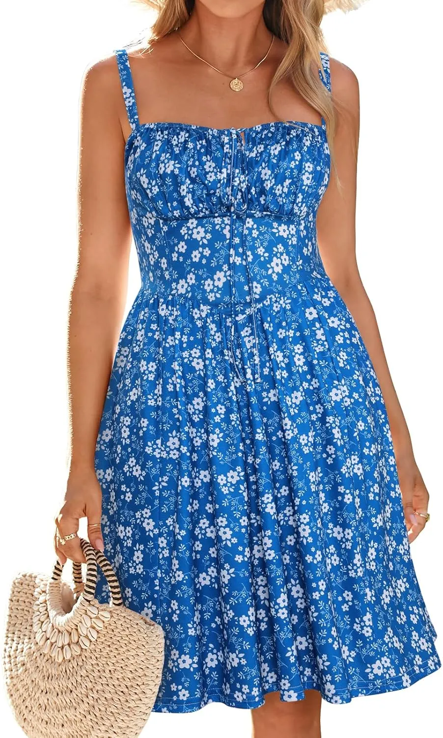 Womens Summer Mini Corset Casual Dresses Spaghetti Straps Lace Up Beach Vacation Sundress with Pockets