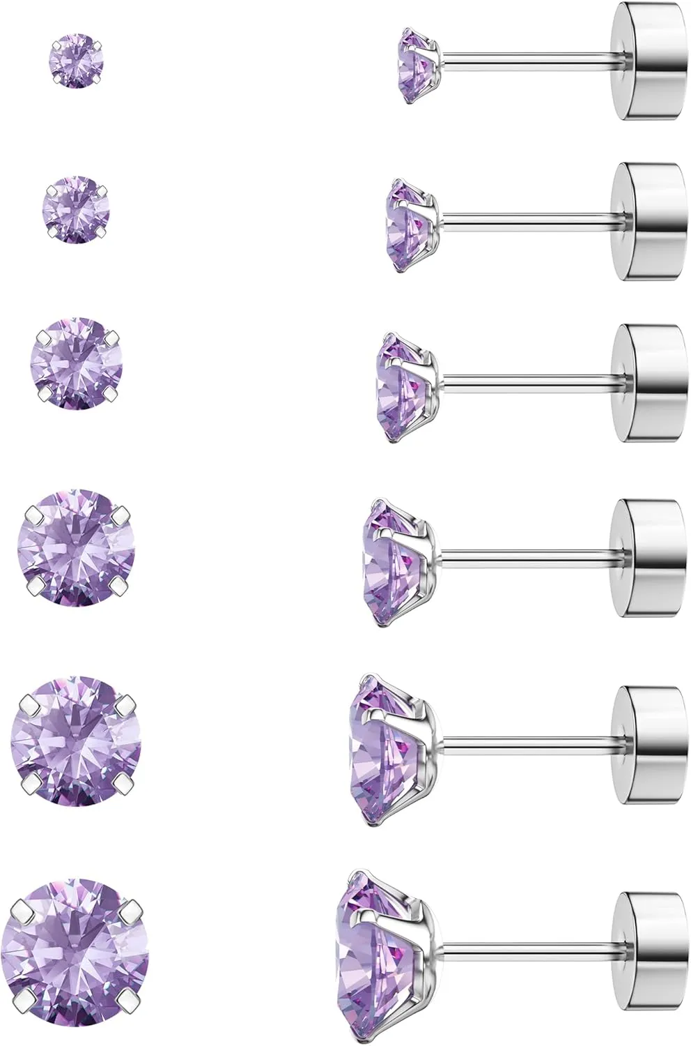 Wssxc 6 Pairs Hypoallergenic Cubic Zirconia Earrings Surgical Steel Flat Back Studs for Cartilage, Screw Back Fashion Jewelry