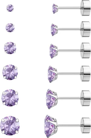 Wssxc 6 Pairs Hypoallergenic Cubic Zirconia Earrings Surgical Steel Flat Back Studs for Cartilage, Screw Back Fashion Jewelry