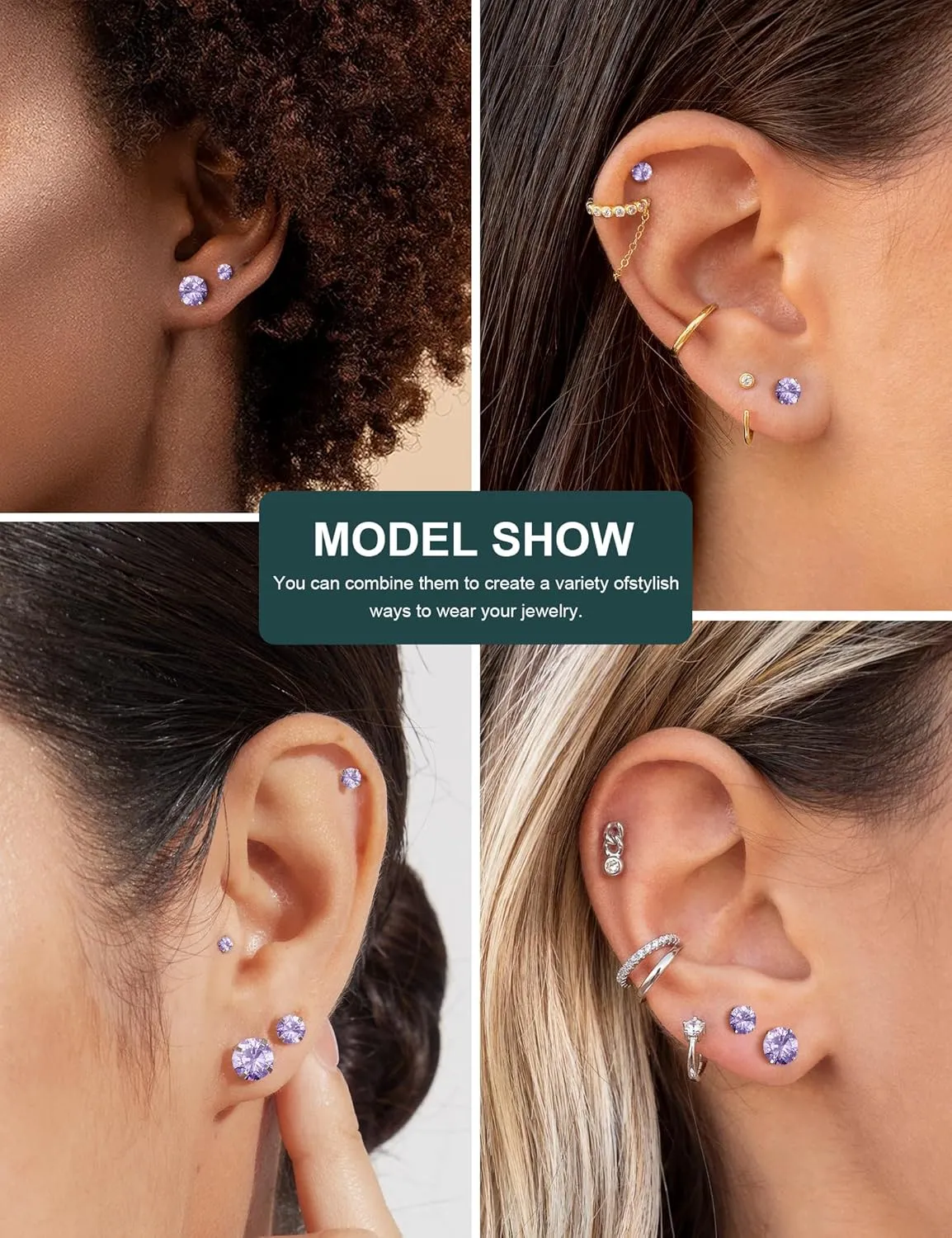Wssxc 6 Pairs Hypoallergenic Cubic Zirconia Earrings Surgical Steel Flat Back Studs for Cartilage, Screw Back Fashion Jewelry