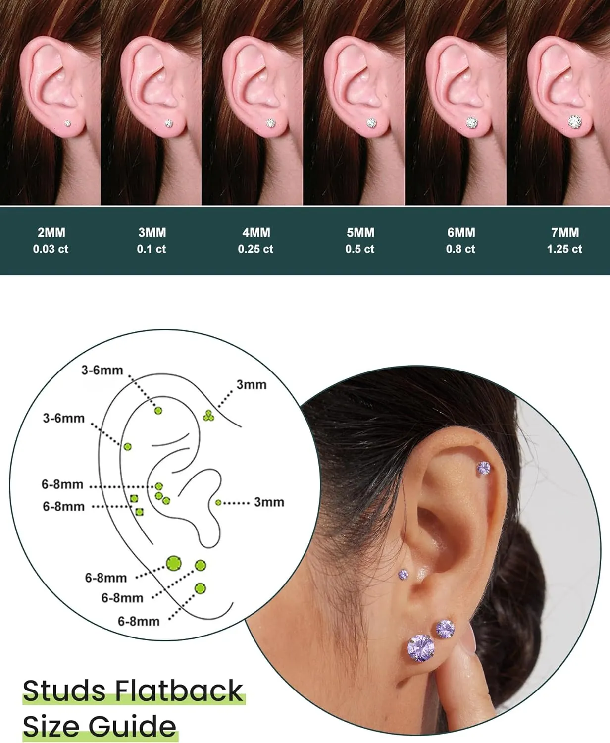 Wssxc 6 Pairs Hypoallergenic Cubic Zirconia Earrings Surgical Steel Flat Back Studs for Cartilage, Screw Back Fashion Jewelry