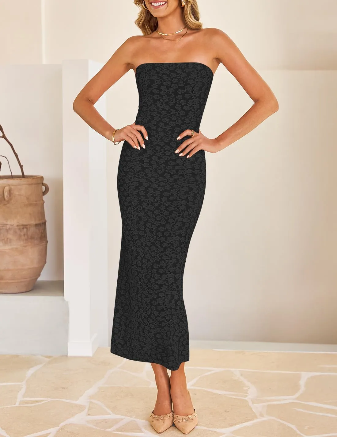 ZESICA Women's 2025 Summer Boho Floral Strapless Bodycon Dress Off Shoulder Tube Beach Party Long Midi Dresses