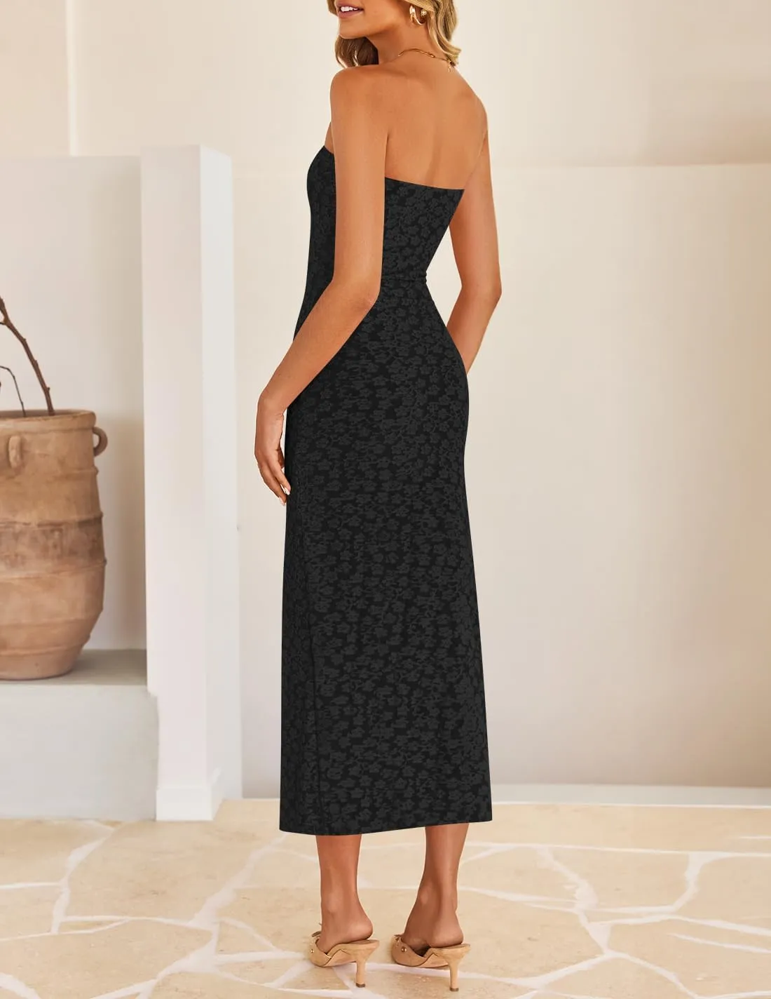 ZESICA Women's 2025 Summer Boho Floral Strapless Bodycon Dress Off Shoulder Tube Beach Party Long Midi Dresses