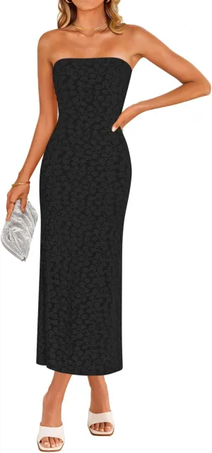 ZESICA Women's 2025 Summer Boho Floral Strapless Bodycon Dress Off Shoulder Tube Beach Party Long Midi Dresses
