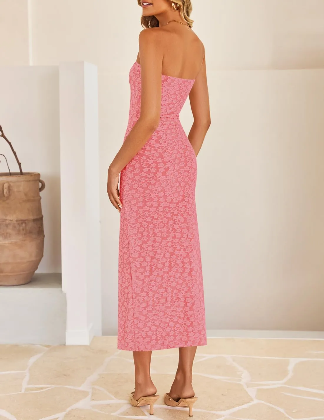 ZESICA Women's 2025 Summer Boho Floral Strapless Bodycon Dress Off Shoulder Tube Beach Party Long Midi Dresses