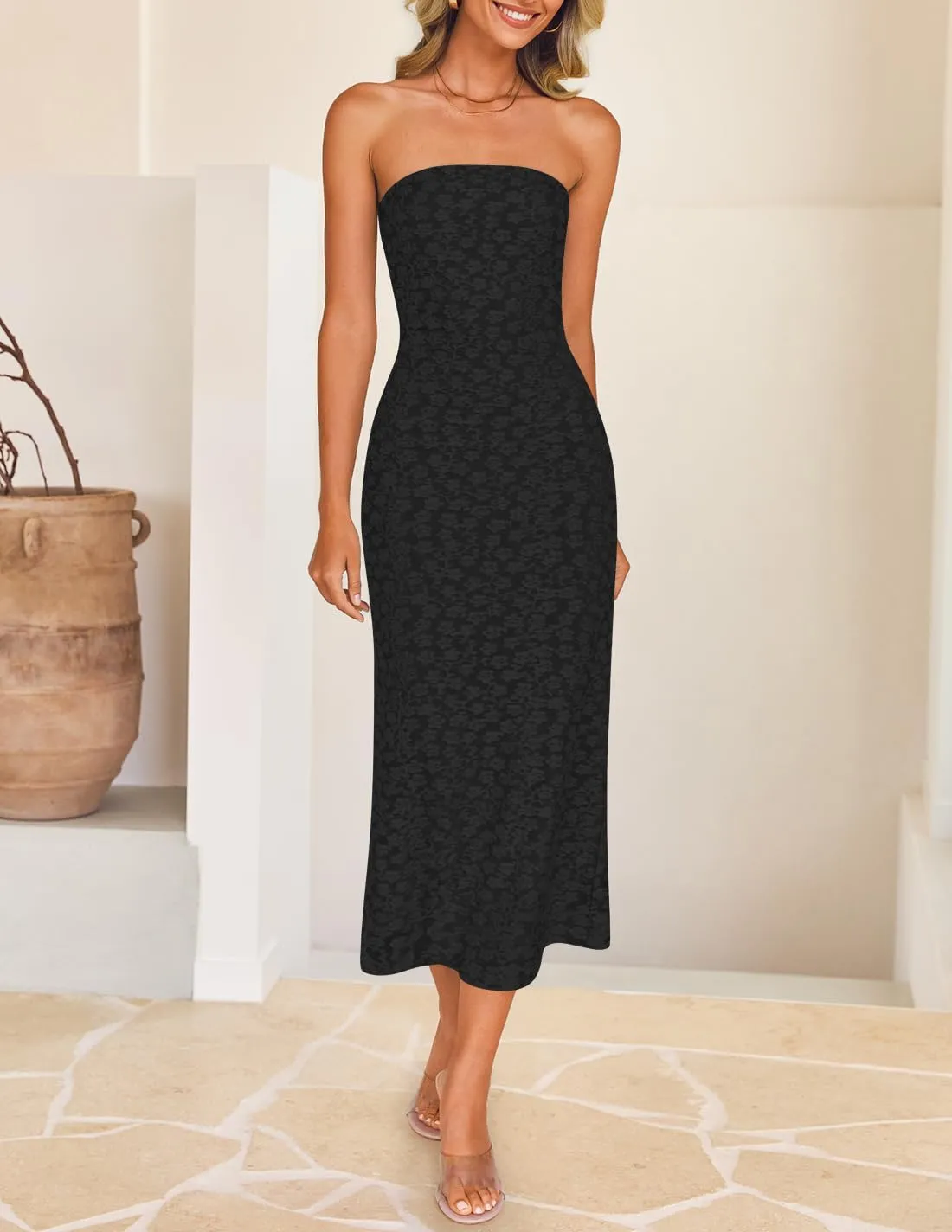 ZESICA Women's 2025 Summer Boho Floral Strapless Bodycon Dress Off Shoulder Tube Beach Party Long Midi Dresses