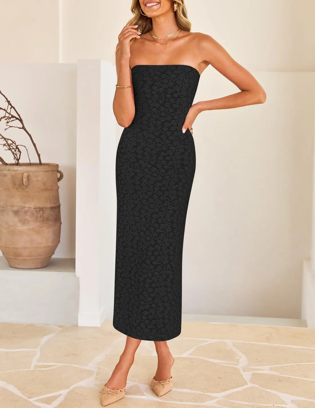 ZESICA Women's 2025 Summer Boho Floral Strapless Bodycon Dress Off Shoulder Tube Beach Party Long Midi Dresses